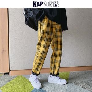 Kapments 스트리트웨어 옐로우 격자 무늬 바지 남자 조깅하는 사람 캐주얼 스트레이트 하렘 바지 남자 한국 힙합 트랙 바지 플러스 크기 220509