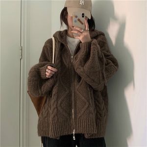 Kadınlar Sonbahar Kış Büyük Boyutlu Örme Hırka Sıradan Kapüşonlu Twist Sweater Fermuar Uzun Kollu Tığ işi Dış Giyim 220817