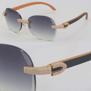 Ny 1164 Två Diamant Set Rimless Trä Kvinnor Solglasögon Lyxig Svart Inside Orange Trä Mens Rocks Frame Man och Kvinna Solglasögon 18K Guld C Dekorationsramar