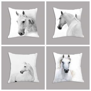 Animale Cavallo Bianco Cuscino del sedile Federa in peluche Cuscino di tiro 45x45 cm Cuscino decorativo Nessun riempitivo per divano Decorazioni per la casa 220406