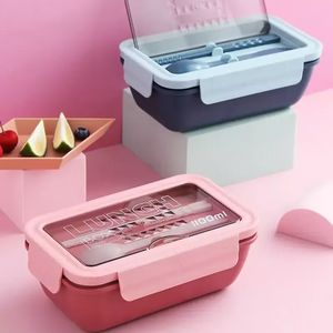Portable 1100ML Plastic Lunch Box Bento Case Chopsticks Spoons Microwae Heating Leak-Proof Food Storage Container Tableware C0627X22