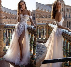 Boho Suknia Bridal Tulle Linii Suknie Ślubne 2022 Off The Ramię Koronkowe Aplikacje Plaża Sexy Wysokie Split Dla Bride Vestidos de Noiva