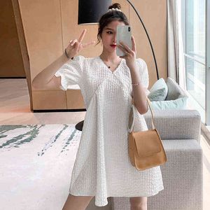 Sweet Fashion Pregnant Women Dress Short Sleeve Beaded V Neck High Waist Maternity Mini Dress White Pregnancy Party Dress Cute J220628