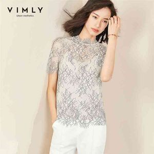 Vimly Summer Women Elegant Lace Blouse Office Lady Stand Collar Short Sleeve with Vest Slim Fit Vintage Female Shirt 96600 210401