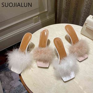 Suojialun 2022 Summer Fashion Strange High High Heels Women Clipper Fur Fur Ladies Sandal Shoes Slides 220627