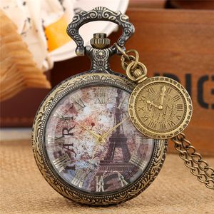 Old Fashion Watch Torre Eiffel Design Numero romano Orologi da tasca al quarzo unisex Collana Catena Half Hunter Cover Souvenir