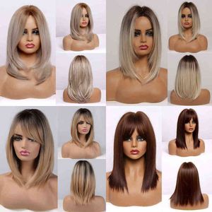 Hair Synthetic Wigs Cosplay Alan Synthetic Wigs Long Straight Layered Hairstyle Ombre Black Brown Blonde Gray Ash Full with Bangs for Women 220225