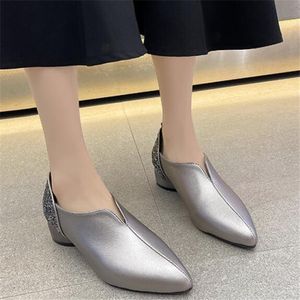 Womens High Heels Woman Pumps Pointed toe Office Lady Work Shoe Thick Heel Sequince Soft PU Leather Black Silver Spring Autumn Shoes