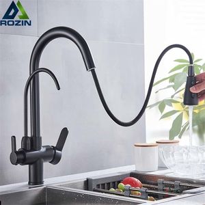 Rozin Purification Kitchen Faucets Black Dra Out Kitchen Water Filter Tap 3 Way Mixer Torneira Para Cozinha de Parede Crane T200812