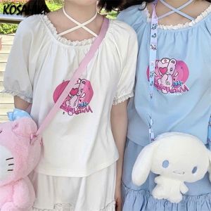 Kosahiki Korean Kawaii 여자 티셔츠 여름 세련된 레이스 붕대 O-Neck Top Streetwear Harajuku Sweet Cartoon Print 티셔츠 220511