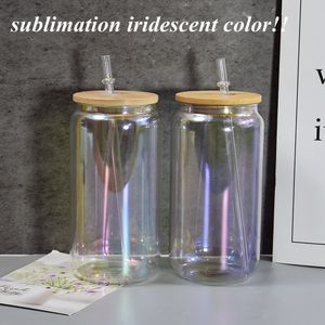 sublimation 16oz glass can iridescent color glass tumbler clear glasses with bamboo lid reusable straw holographic color beer juice can