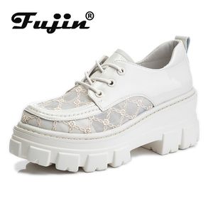 Scarpe estive da donna Mocassini con zeppa in vera pelle verniciata 7 cm Oxfords Mary Jeans Scarpe estive da donna in pizzo traspirante