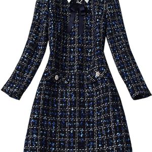 Fashion Designer Navy Blue Plaid Bow Tie T Dress Autumn Winter Women Long Sleeve Diamonds Button Vintage Woolen Short Dress 220317