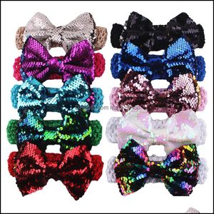 Headbands Hair Jewelry Glitter Double-Side Sequin Bows Bow Head Wrap Turban Knitted Headband For Kids Party Accessories Drop Delivery 2021 P