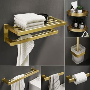 Luxury Space Aluminium Badrumstillbehör Set Guldborstad handdukshylla Ny Robe Hook Paper Rack Toaletthållare Metal T200425