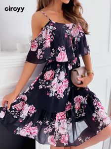 Circyy Dress Woman Summer Print Floral Spaghetti Strap Fashion Off Shoulder Beach Holiday Sundress Sweet A Line Mesh Fabric 220613