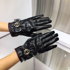 Suede Leather Five Finger Gloves Women Bow Diamond Decorative Glove Winter Warming Riding Protective Gloves