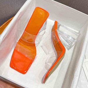 Hausschuhe Grün Orange Frauen Mode Kristall Dreieck Seltsame High Heels Sandalen Elegante Quadratische Zehe PVC Transparent Gelee Schuhe 220321