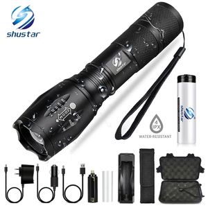 Shustar venda por atacado-Shustar LED Lanterna Ultra Brilhante Tocha L2 V6 Camping Light Modo de Interruptor À Prova D Água Zoomable Bicicleta Uso Bateria W220325