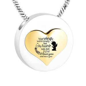 Angel Guardian Ashes Pendant Round Stainless Steel Cremation Jewelry For Son Memorial Keepsake-You wings were ready but my heart w289Z