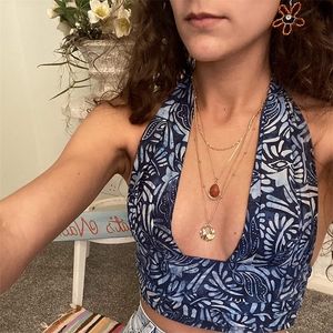 Vintage Printe Vest Corset Summer Beach Clothes Women Cross Sling Crop Top Sexy Sleeveless Y2K Camisole Backless Halter Top 90s 220607