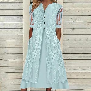 Casual klänningar Kort för tonåringar Kvinnor Fashion Print v Neck Mesh Sleeve Splice Loose Dress Button Pocket Holiday Deep Dress Casual