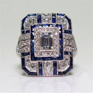 Fedi nuziali Vintage femminile grande anello in pietra blu fascia di colore argento di lusso per le donne moda grandi gioielli di fidanzamento regali matrimonio