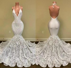 Ihot! Vory 2022 Mermaid Prom Dresses Halter Koronki Cekinowe Appliqued Backless Ruffles Sweep Pociąg Trąbka Afrykańska Suknia Wieczorowa