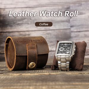 Cow Leather Single Slot Watch Roll Case Portable Vintage Holder Travel Wrist Jewelry Storage Pouch Organizer 220428