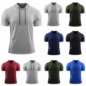 Men Large Size Loose Short Sleeve t shirts Muscle Workout Clothes Hooded Pocket Quick drying Top Breathable Running Basketball Training Suit K65h