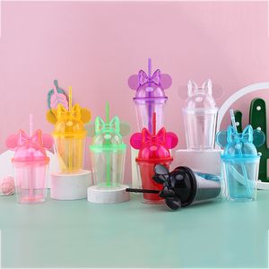 Bicchieri per orecchie da topo da 15 once con tazza per orecchie da topo con fiocco 450ml Bottiglie d'acqua in plastica acrilica da 8 colori Tazze per bambini carine portatili