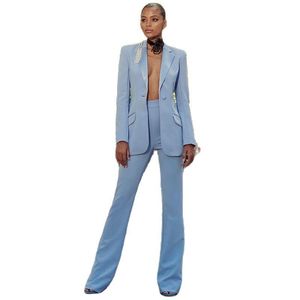 Pantaloni a due pezzi da donna Blu cielo Abito da lavoro da donna Fared One Button Raso Risvolto Slim Lady Blazer Set di pantaloni Abbigliamento femminile da ufficioDonna