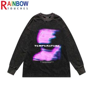 Rainbowtouches Haber Uzun Kollu T-Shirt Erkekler Yüksek Sokak Moda At Baskı Yıkama Eski Karanlık Sonbahar Kat UNISEX Üstün Kalite T220808