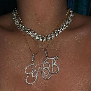 Kedjor mode 26 kursiv initial bokstav zirkonhänge halsband för kvinnor glänsande kristall alfabet rep kedja hip hop juvelrychains