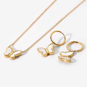 Pendant Necklaces Women Stainless Steel Jewelry Set 18k Gold Plated Romantic Natural Shell Butterfly Necklace Earrings Elle22
