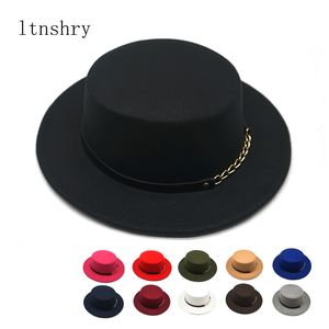 Women Men Wool Fedora Hat With Gold chain Ribbon Gentleman Elegant Lady Winter Autumn Wide Brim Jazz Church Panama Top hat 220506