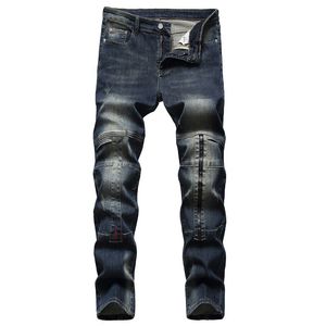 Nostalgic Stitching Zipper Decoration Jeans Fashion Casual Stretch Men's Biker Pants Denim Cotton Motorcycle Denim Trousers