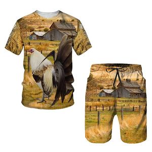 Herrspårar Summer Men's T-shirt Shorts Suit Roostergrassand Wood House Mönster 3D Printing Fashion Casual LooseshortSleeved Suit