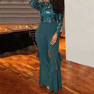 Summer Autumn Sequinis Women Jumpuits Spring Mesh Flare Pants High midjan Plus Size Lady Rompers Jumpsuits Party Club T200608