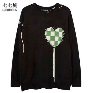 Retro Kwastje Gebreide Truien Mannen Harajuku dambord liefde patch hip hop trui paar streetwear herfst trui t220730