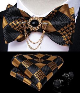 Bow Ties Gold Black Check Men Woven Silk Wedding Self Tie Handkerchief Brooch Pin Set Party Butterfly Necktie #3004 DiBanGu Fier22