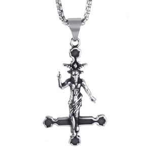 Pendant Necklaces Elfasio Men Stainless Steel Necklace Baphomet Goat Inverted Cross Jewelry Satanic Satan Demon Devil Lucifer PendantPendant