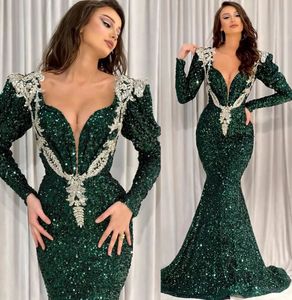 2022 Plus Size Arabic Aso Ebi Dark Green Mermaid Prom Dresses Lace Long Sleeves Evening Formal Party Second Reception Birthday Engagement Gowns Dress ZJ744