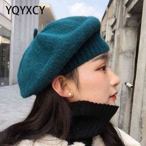 Chapéu octogonal feminino boina outono inverno chapéus de malha para mulheres de lã de malha tamanho grande chapéu francês gorras sólido j220722