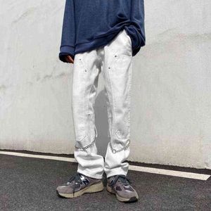 Witte pocket jeans mannen mode casual rechte vracht streetwear losse hiphop keten denim broek s broek sxl j220707