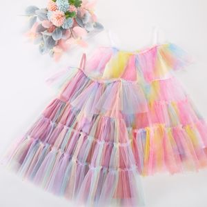 Girls Tie-Dye Dresses Kids Designer Clothes Princess Rainbow Gauze Dress Fly Sleeve Baby Cake Summer Sling Suspender Dress Child Boutique Clothing BC09