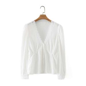 Kobiety biała bluzka górna koronkowa derbna długa koronkowa mankiet mankiet elegancka elegancka elegancka bluzka koszula femme mujer blusas 210709