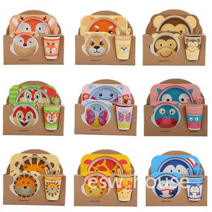 Naturliga organiska bambufibrer Barn Tabelleriset Set Cartoon Design Baby Cutrow Plates Bowls Cups Spoons Fork