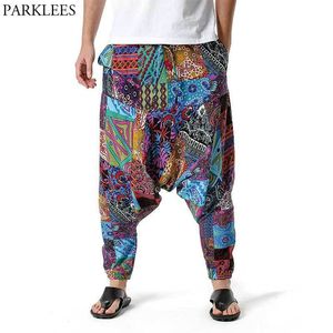 Men's African Print Harem Baggy Genie Boho Pants Casual Cotton Yoga Drop Crotch Joggers Sweatpants Hip Hop Traditional Trousers 220714