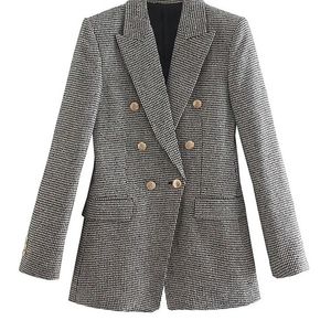 TRAF Women Fashion Houndstooth Fitted Blazer Coat Vintage Long Sleeve Flap Pockets Female Outerwear Chic Veste Femme 220402